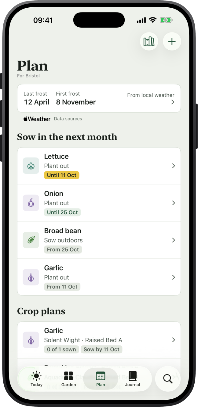 The Plan screen for Bristol, with last frost on 12 April, first frost on 8 November, and what to sow in the next month
